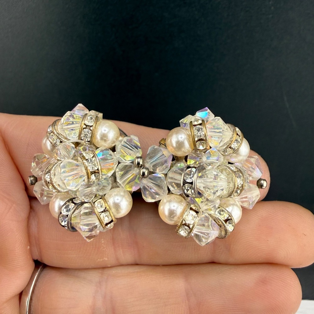 Vintage Estate Clip On Earrings Silver AB Rhinestone Faux Pearl Cluster Huggie